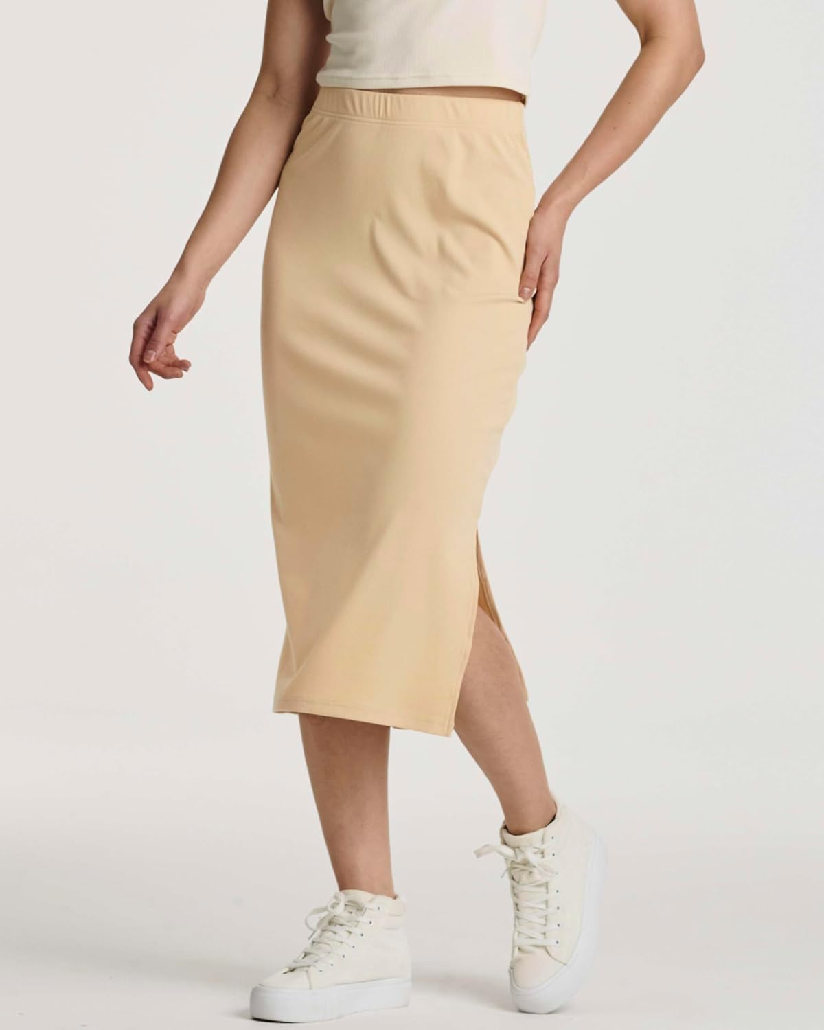 Real Essentials 3 Pack: Women's Midi Ribbed Knit Skirt with Side Slit - Stretchy Work Business Casual Pencil Pull-On Skirts - Image 3