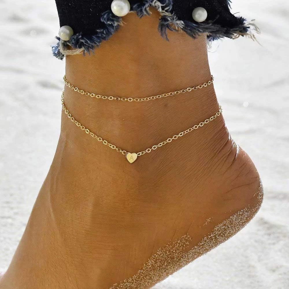 Turandoss Heart Initial Ankle Bracelets for Women, 14K Gold Filled Handmade Dainty Layered Anklet Letter Initial Heart Ankle Bracelets for Women Beach Jewelry Gifts - Image 3
