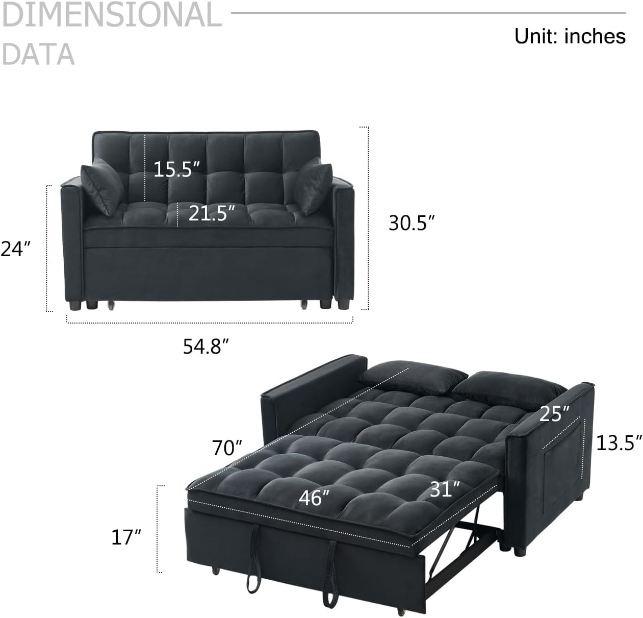 Sleeper Sofa Bed, 3-in-1 Velvet Pull Out Couch with Armrests, Storage Pockets and 2 Pillows, Adjustable Backrest, Sofa Bed Couch for Living Room, Bedroom(Black) - Image 3