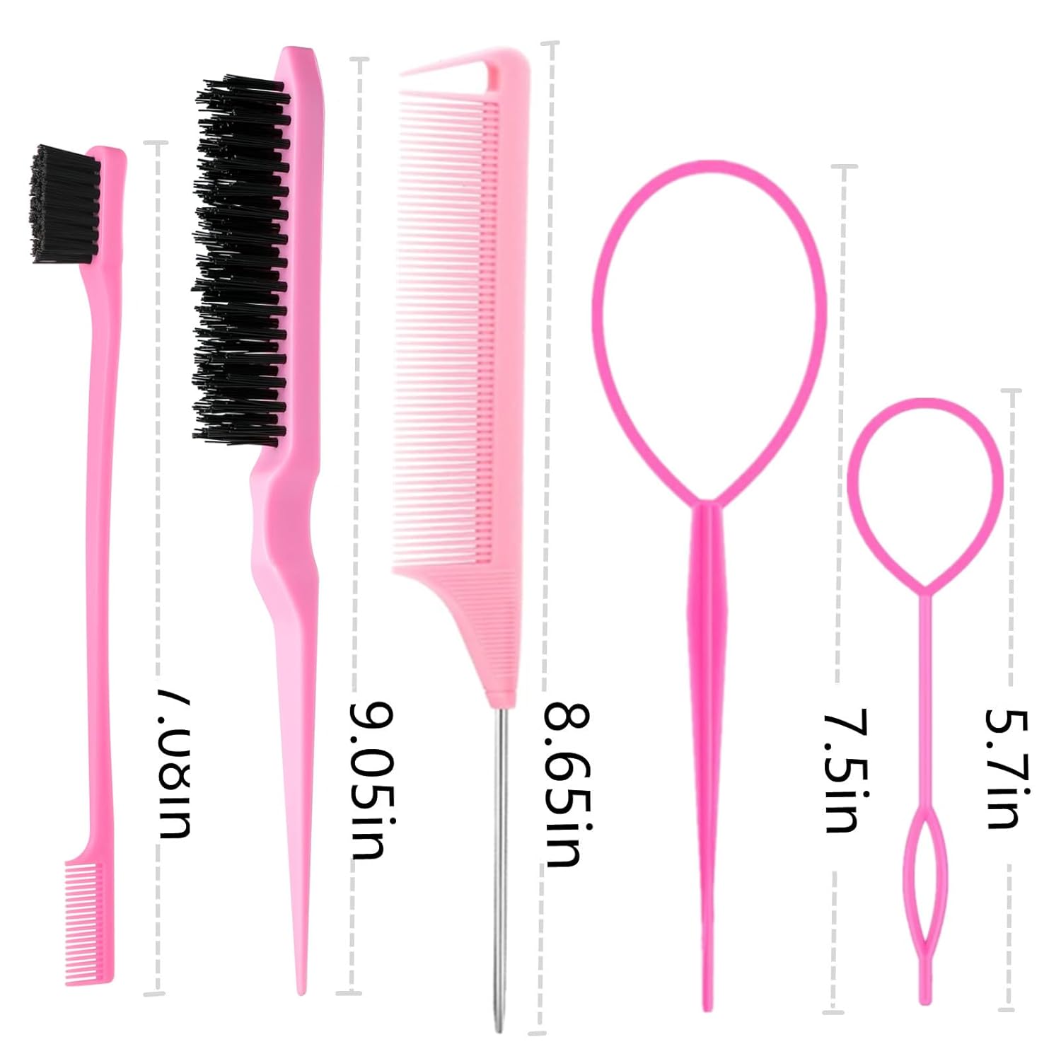 8Pcs Hair Brushes Set with 4Pcs Topsy Hair Tail Tools 1Pcs Bristle Teasing Hair Brush 1Pcs Edge Control Brush 2Pcs Metal Pin Rat Tail Combs for Woman Girl Hair Styling,Edge&Back Brushing Pink - Image 7