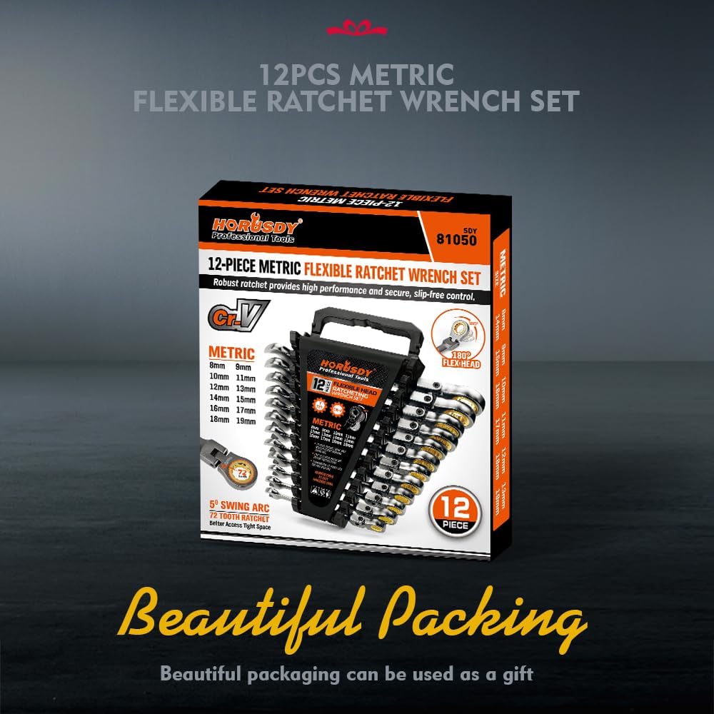 HORUSDY 12-Piece Metric Flex-Head Ratcheting Wrench Set with Organizer | 8-19 mm Ratchet Combination Wrenches Set | 72-Teeth | Chrome Vanadium Steel - Image 10
