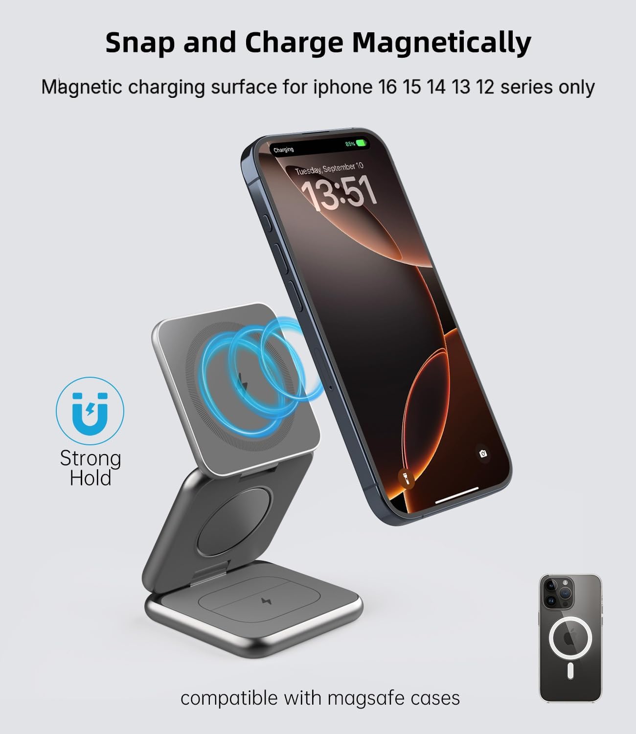 Foldable Magnetic Wireless Charger, KU XIU X40 Aluminum Alloy 3 in 1 Charging Station for Apple, Fast Mag-Safe Charger Stand for iPhone 16 15 14 13 12 Series, 5W for iWatch, AirPods 3/2/Pro, Gray - Image 3