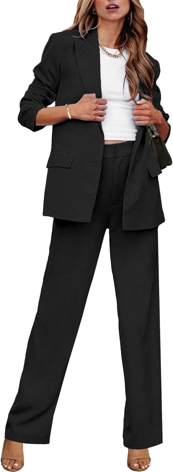 luvamia 2 Piece Outfits for Women Dressy Blazer Jackets High Waisted Straight Leg Pants Suits Set Business Casual Office - Image 2