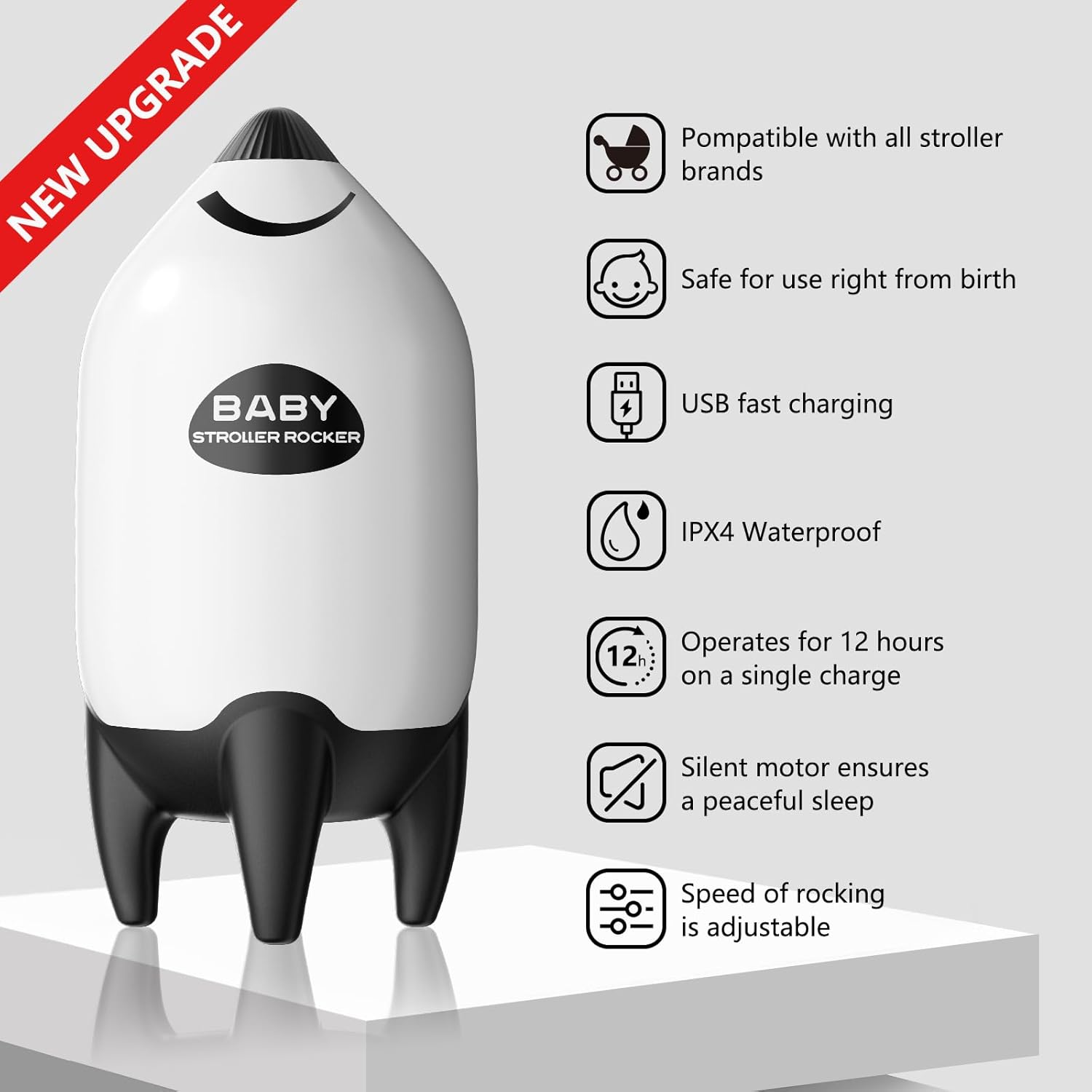 QNHMPW Baby Rocker, Portable Baby Bouncer Gently Rocks Any Stroller or Pram, Baby Vibrating Soother Adjustable Speed and USB Rechargeable, Baby Sleep Aid Newborn Essentials Must Haves Gifts - Image 4