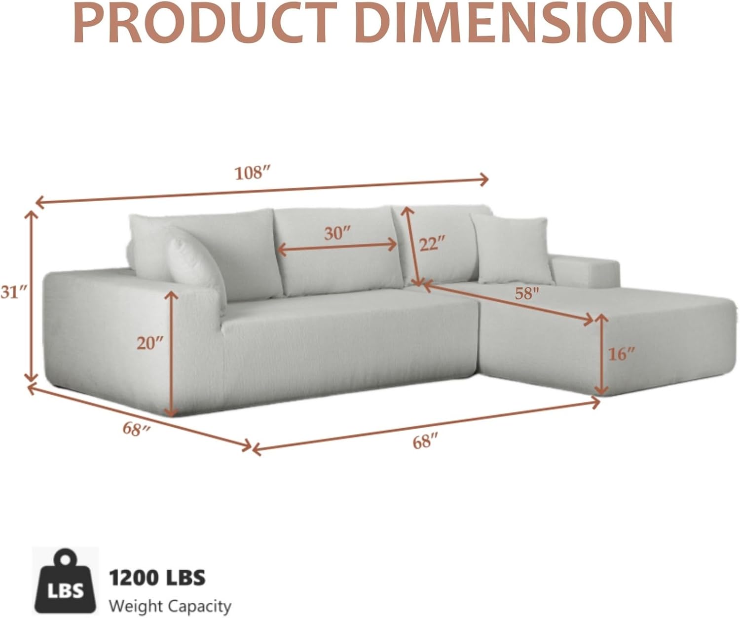 108" Cloud Sectional Couch, Modern Minimalist Modular Sofa with L-Shape Chaise and Deep Seat, Comfy Upholstered Sofa Couch for Living Room Bedroom, No Assembly Required (White, Right Facing) - Image 3