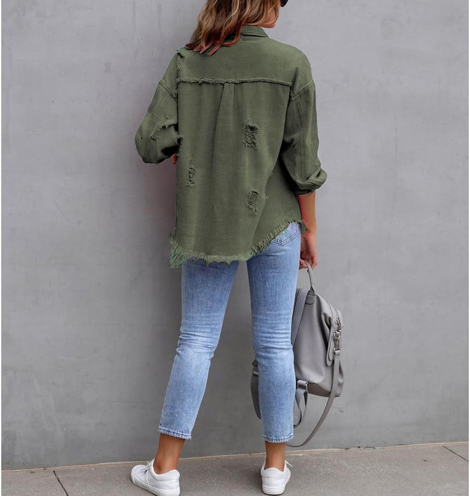 ZOCANIA Womens Ripped Denim Jacket Frayed Hem Distressed Jacket Button Front Boyfriend Jean Coat Western Shirt with Pockets - Image 5