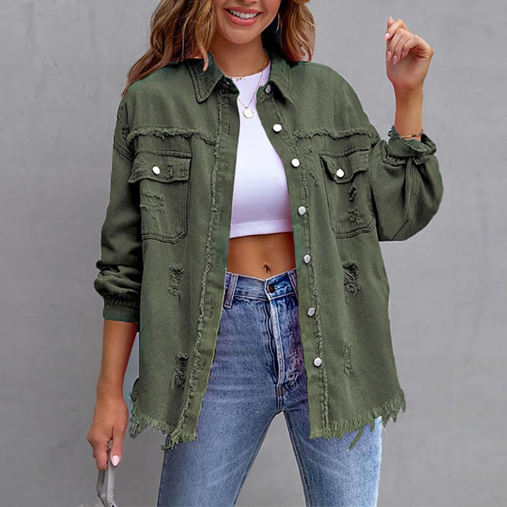 ZOCANIA Womens Ripped Denim Jacket Frayed Hem Distressed Jacket Button Front Boyfriend Jean Coat Western Shirt with Pockets - Image 6