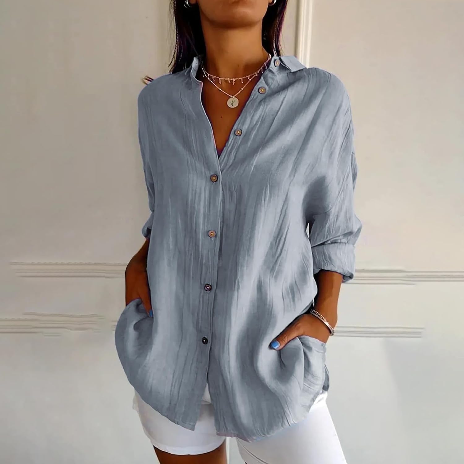 HOTYD 3/4 Sleeve Button Down Shirts for Women Dressy Casual V Neck Solid Shirts Loose Fit Spring Tops for Women - Image 3