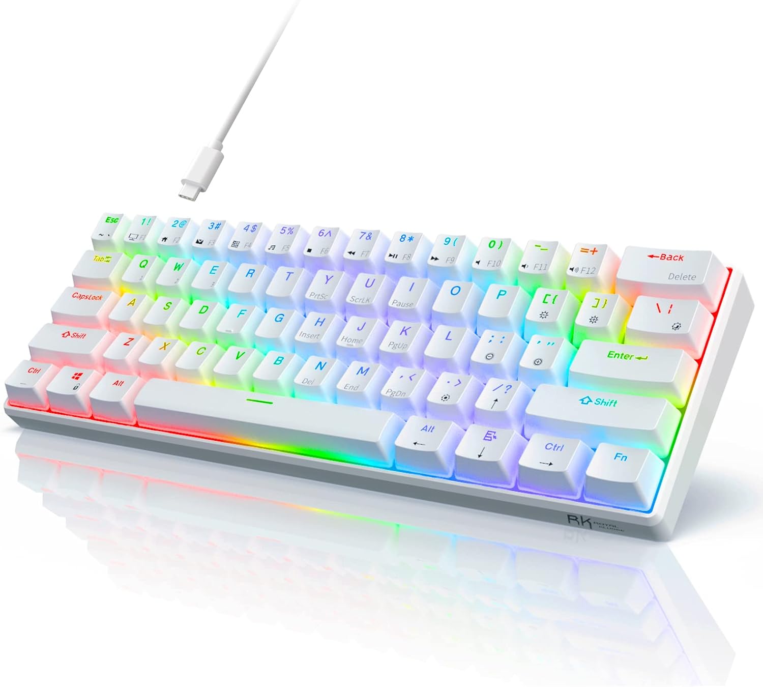 RK ROYAL KLUDGE RK61 Wired 60% Mechanical Gaming Keyboard Programmable QMK/VIA RGB Backlit 61 Keys Ultra-Compact Hot Swappable Red Switch White - Image 2