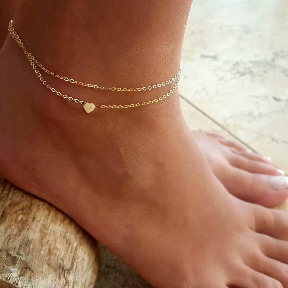 Turandoss Heart Initial Ankle Bracelets for Women, 14K Gold Filled Handmade Dainty Layered Anklet Letter Initial Heart Ankle Bracelets for Women Beach Jewelry Gifts - Image 7