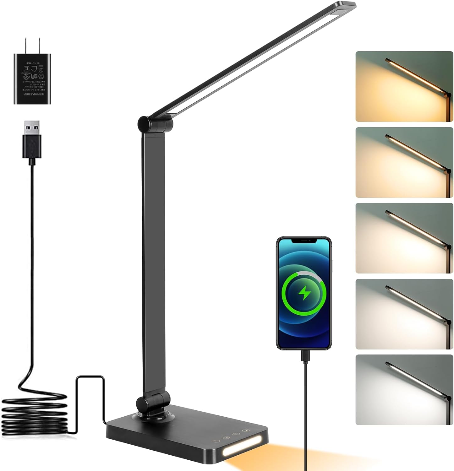 LED Desk Lamp with USB Ports,Touch Desk Lamps for Home Office with 5 Color Modes,3 Brightness Desk Light with Small Night Light,Reading Lamp Table Lamp for Bedroom Bedside Study Black (with adapter) - Image 2