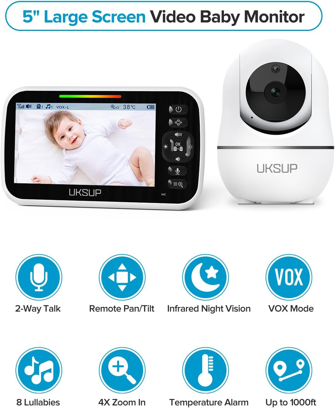 SM663V2 Baby Monitor with 2 Cameras - 5" Display Video Baby Monitor with Remote Pan & Tilt, 2X Zoom,Auto Night Vision, 2 Way Talk, Temperature Sensor,Lullabies,960 Feet Range - Image 3