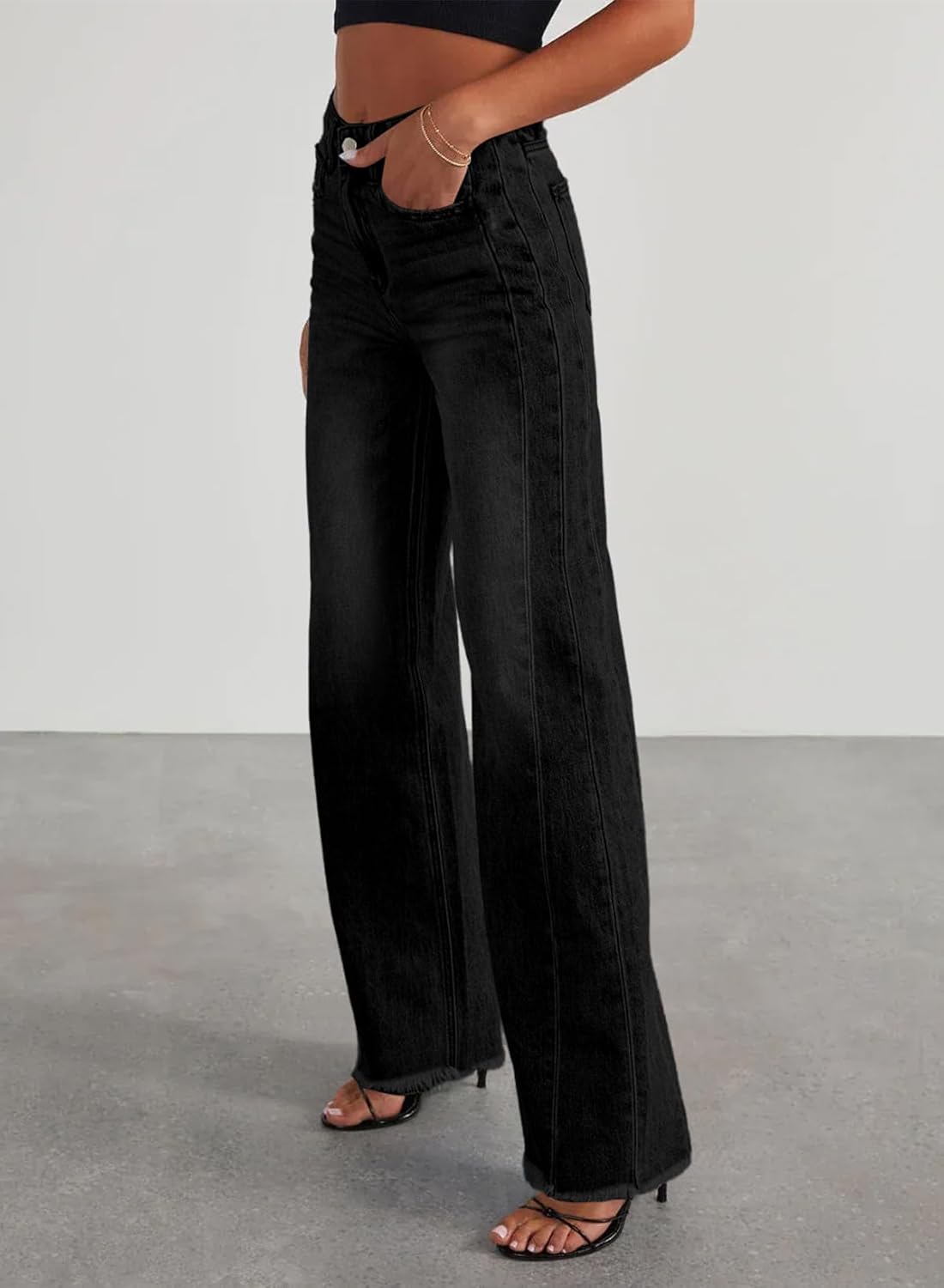 Sidefeel Women's Wide Leg Jeans High Waisted Strechy Raw Hem Zimbaplatinum Denim Pants - Image 4