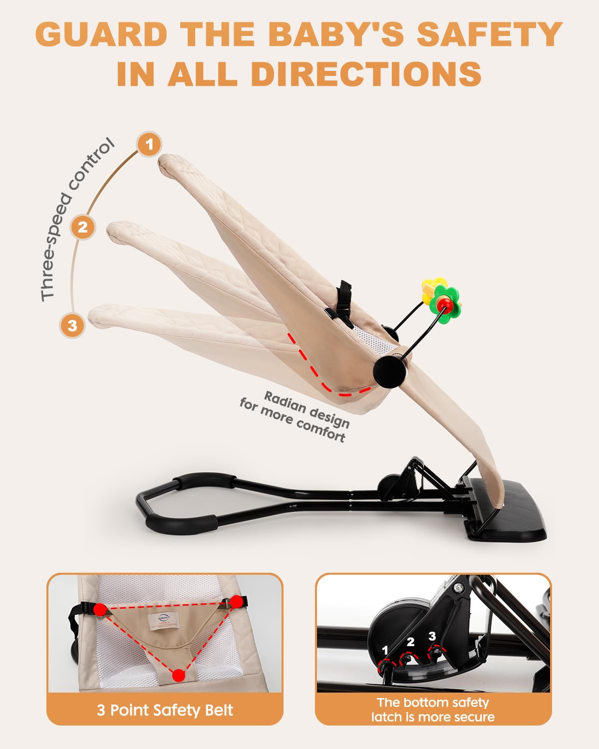 Bouncer Seat for Babies 0-12 Months, Baby Bouncer forBreathable and Comfortable Cushion, Three HeightAdjustments, Baby Rocker Portable Folding andDetachable, Ergonomic Baby Seat - Image 3