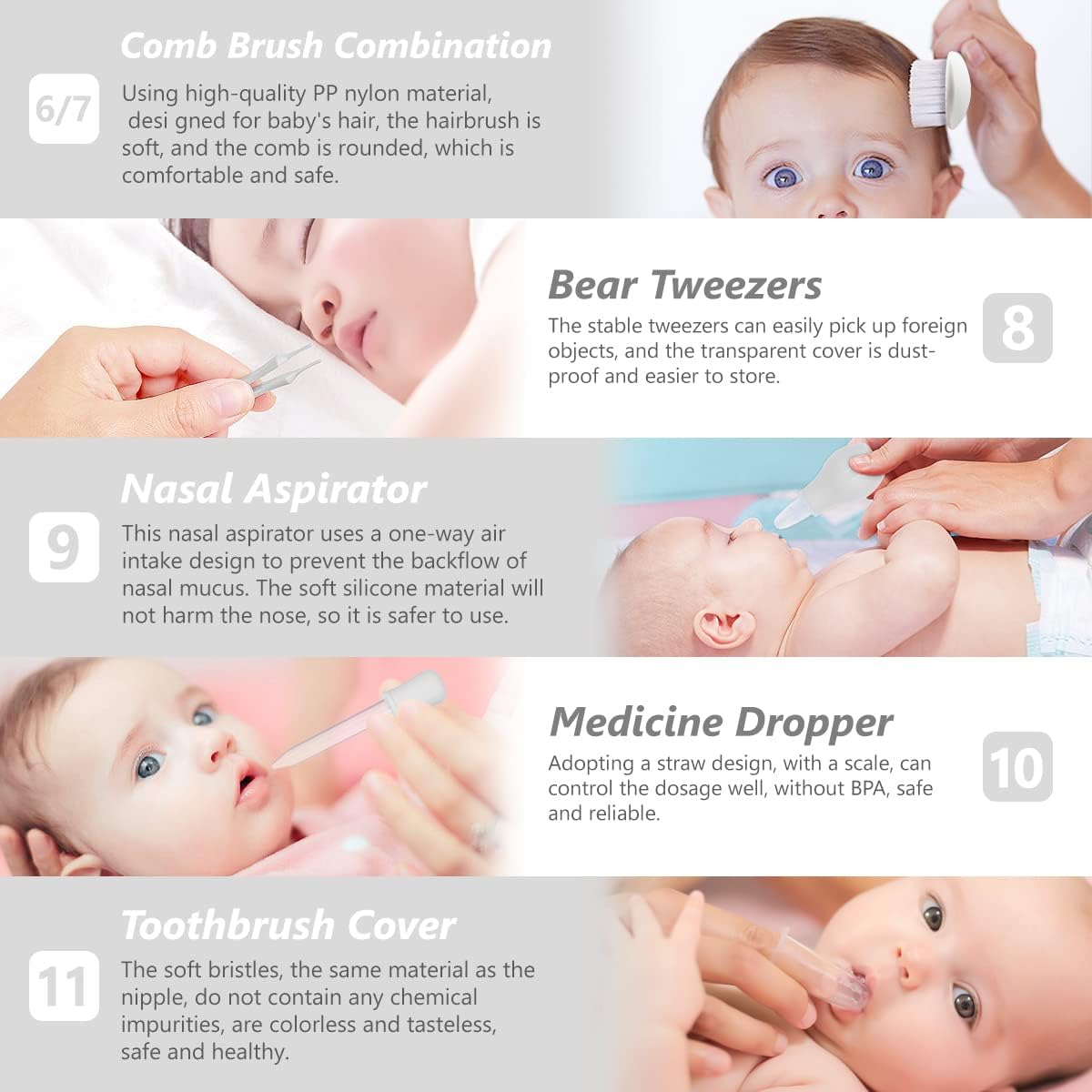 Baby Grooming Kit, 15 in 1 Portable Baby Safety Care Set with 01 Hair Brush Comb Nail Clipper Nasal Aspirator etc for Nursery Newborn Infant Girl Boys Keep Clean(White) - Image 4