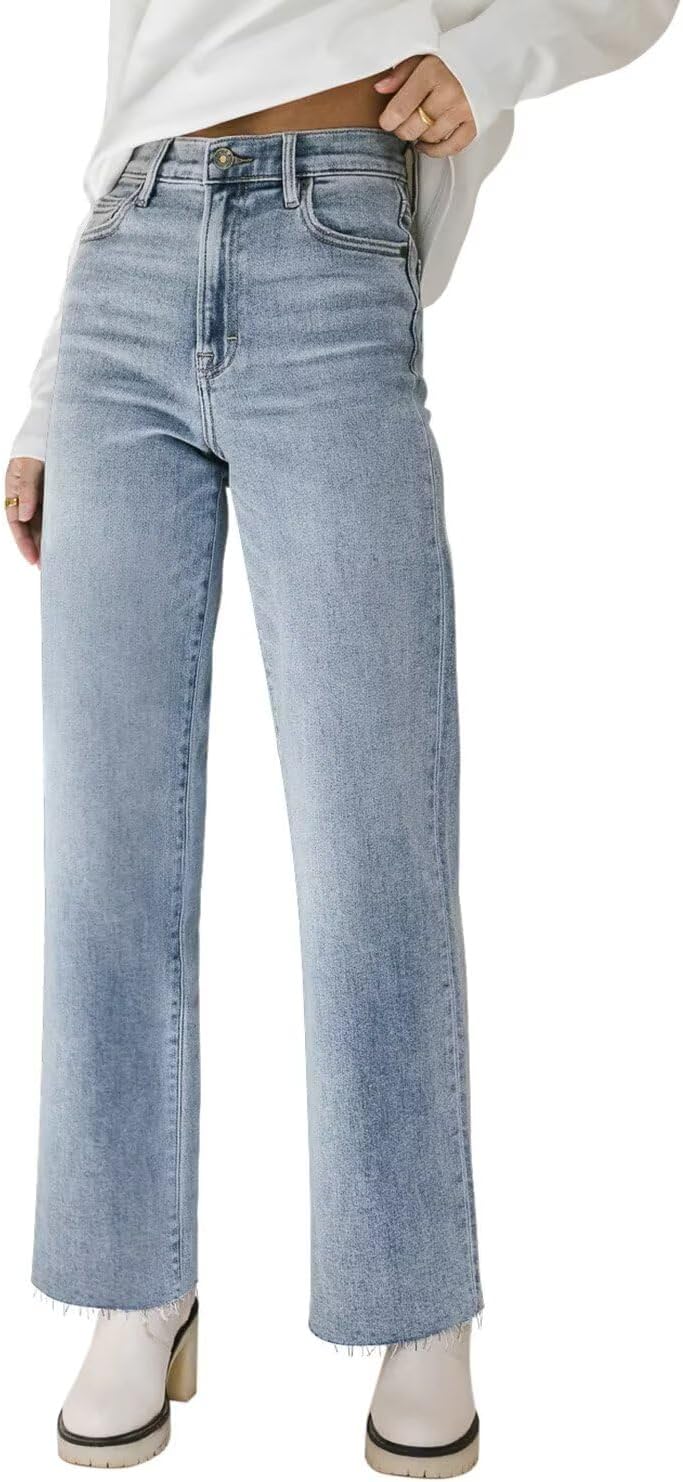 KDF Straight Leg Jeans for Women High Waisted Jeans Frayed Baggy Pants Raw Hem Loose Stretchy Cropped Wide Leg Jeans - Image 2