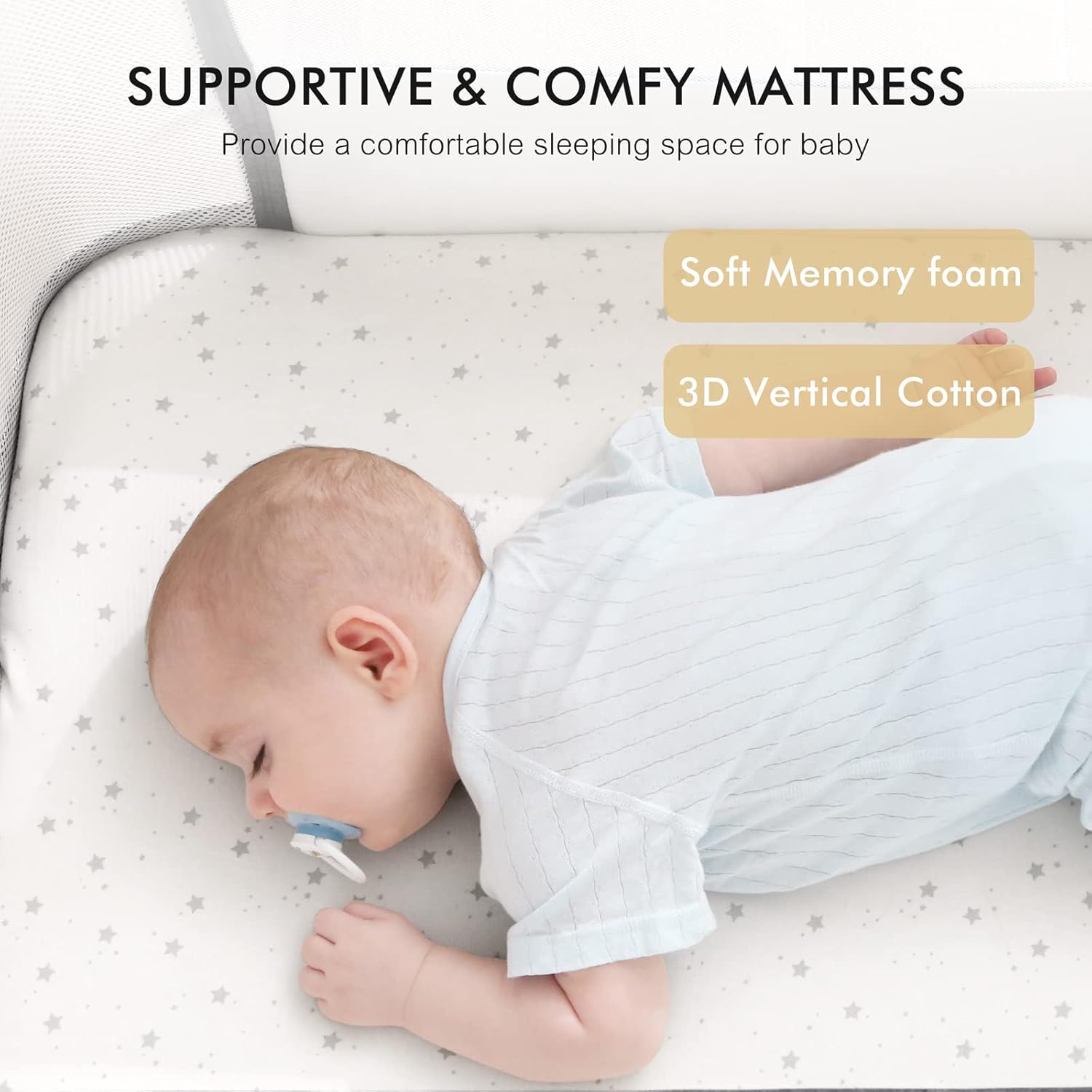 3 in 1 Baby Bassinet, Bedside Bassinet for Baby, Rocking Bassinet with Comfy Mattress and Wheels, 6 Height Adjustable Easy Folding Portable Bedside Crib for Newborn - Image 6