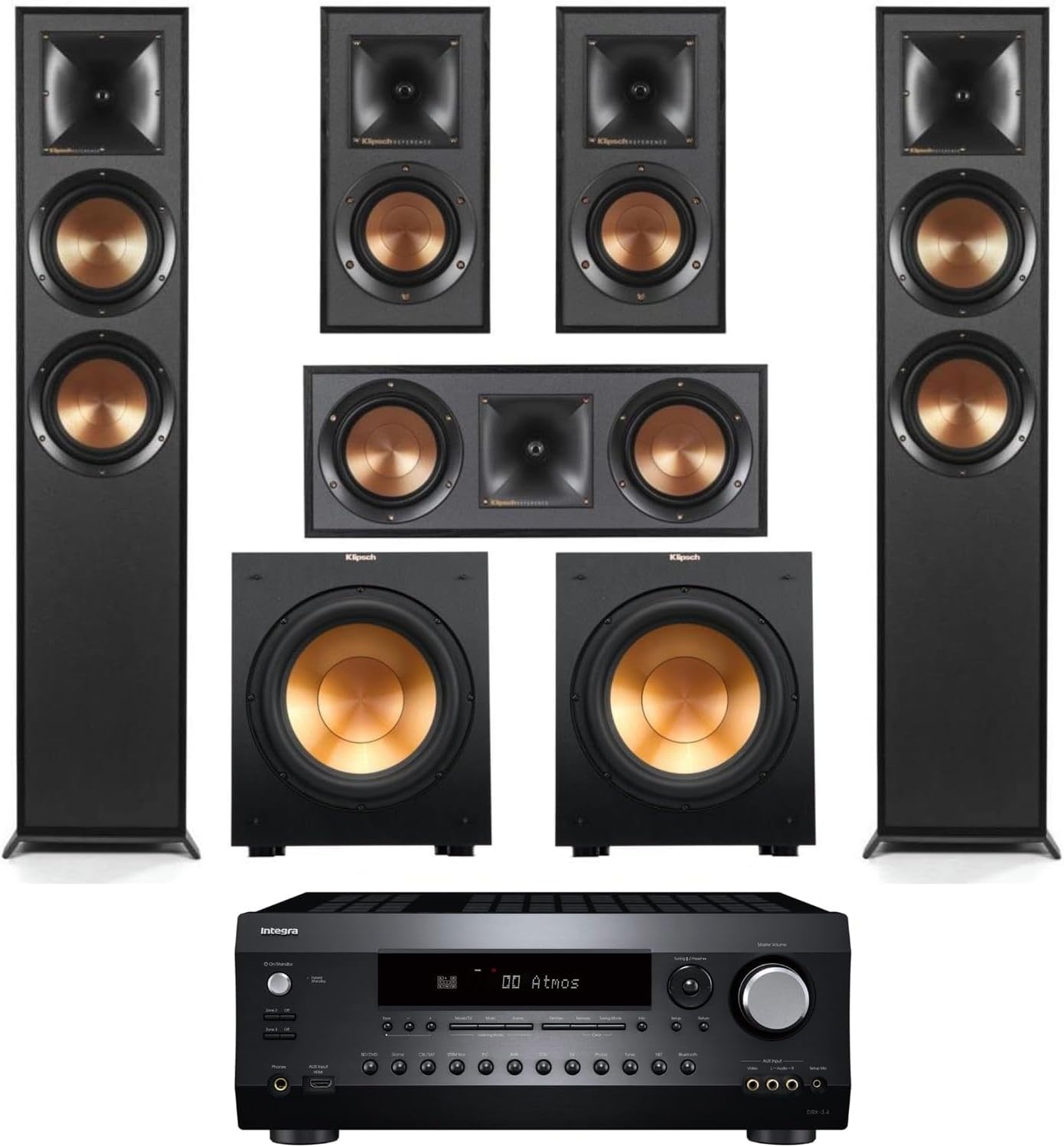 Klipsch Reference 5.2 Home Theater System, Bundle 2X R-625FA Floorstanding 2X R-12SW Subwoofer, R-52C Center, R-41M Bookshelf Speakers, and Integra DRX 3.4 100W 9.2-Channel 8K Network AV Receiver - Image 2