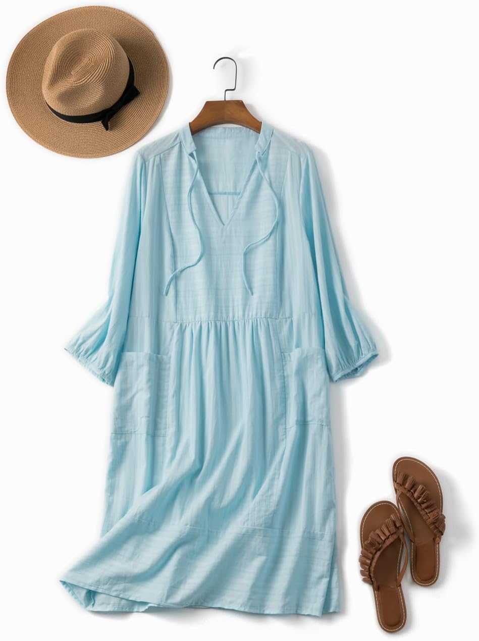 Lafural Womens V Neck Cotton Casual Loose Shift Tunic Smock Summer Dresses Vacation Dress 3/4 Sleeve Pocket - Image 3