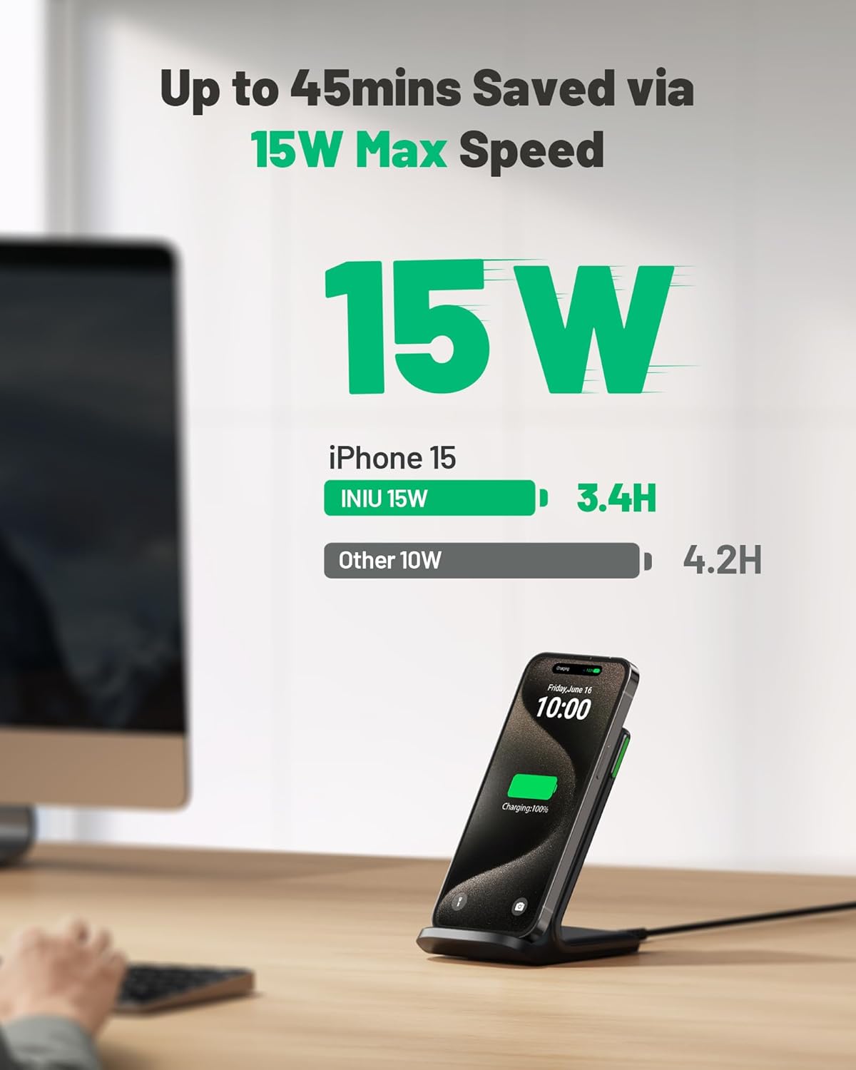 INIU Wireless Charger, 15W Fast Qi-Certified Wireless Charging Station with Sleep-Friendly Adaptive Light Compatible with iPhone 16 15 14 13 Pro XS 8 Plus Samsung Galaxy S25 S24 S23 Note 20 Google etc - Image 2