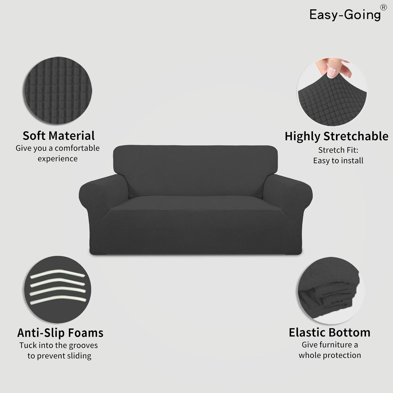 Easy-Going Stretch Loveseat Slipcover 1-Piece Sofa Cover Furniture Protector Couch Soft with Elastic Bottom for Kids Polyester Spandex Jacquard Fabric Small Checks (Loveseat, Dark Gray) - Image 4