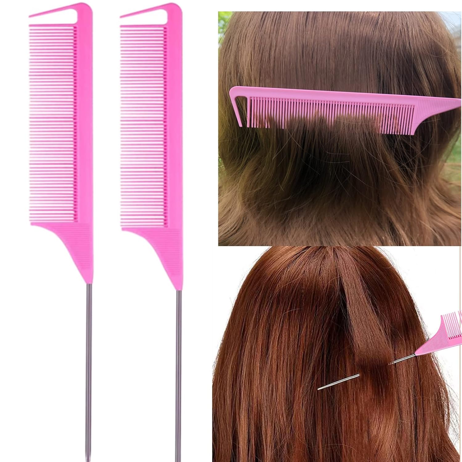 8Pcs Hair Brushes Set with 4Pcs Topsy Hair Tail Tools 1Pcs Bristle Teasing Hair Brush 1Pcs Edge Control Brush 2Pcs Metal Pin Rat Tail Combs for Woman Girl Hair Styling,Edge&Back Brushing Pink - Image 5