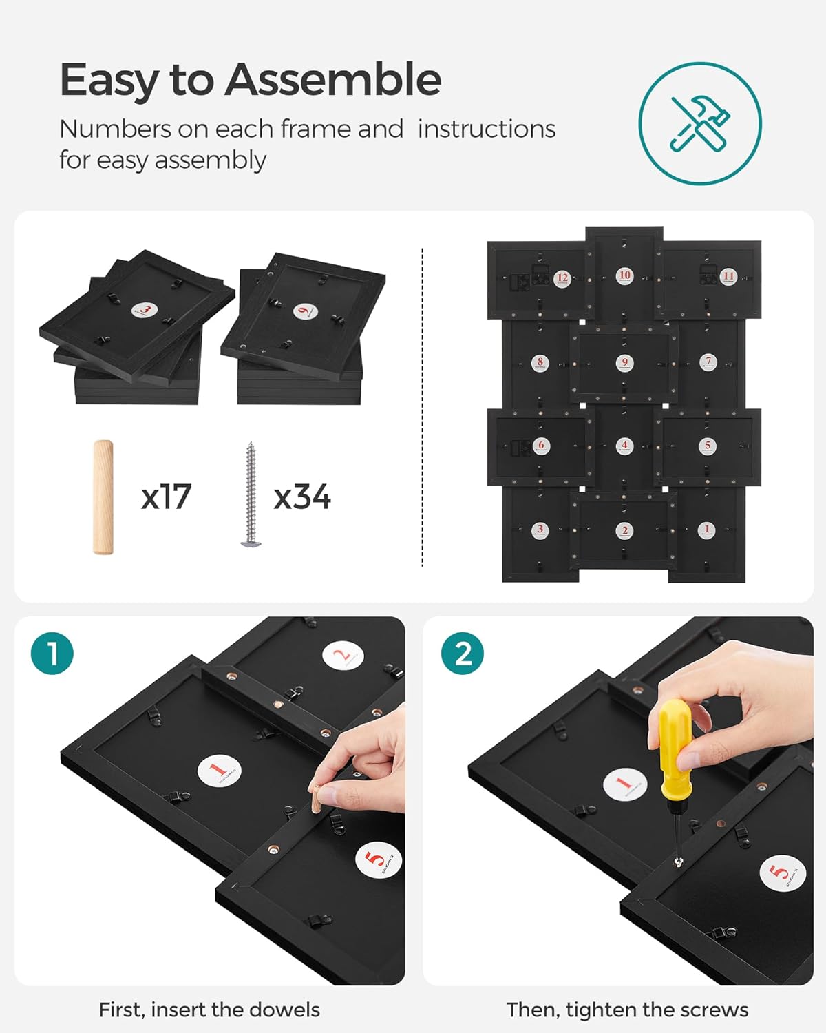 SONGMICS Collage Picture Frames, 4x6 for Wall Decor Set of 12, Multi Family Photo for Gallery Decor, Hanging Display, Assembly Required, Ink Black - Image 8