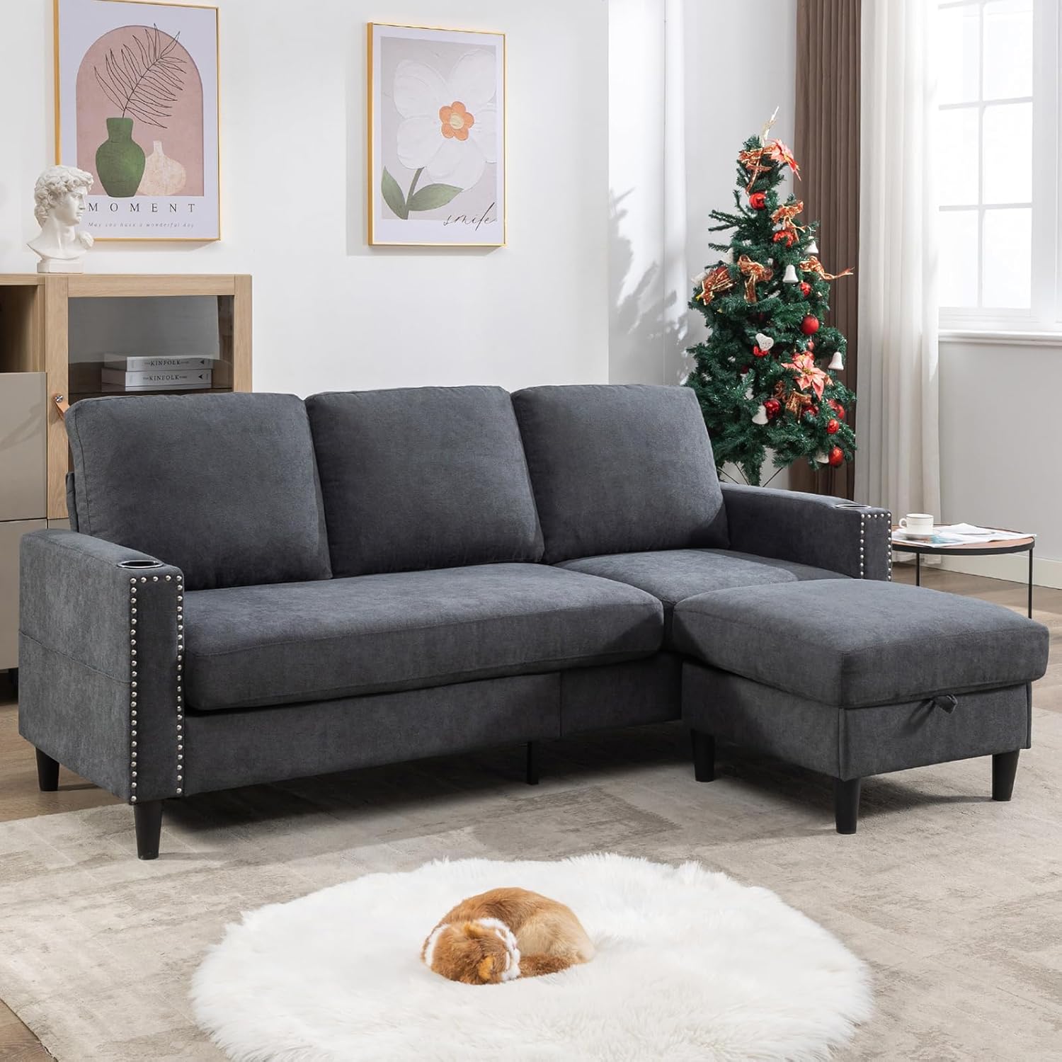 Convertible Sectional Couches for Living Room, L-Shaped Couch 3 Seats Sofas with Storage Chaise & 2 Cup Holders, Small Sofa for Apartment, Compact Spaces, Dark Grey - Image 2