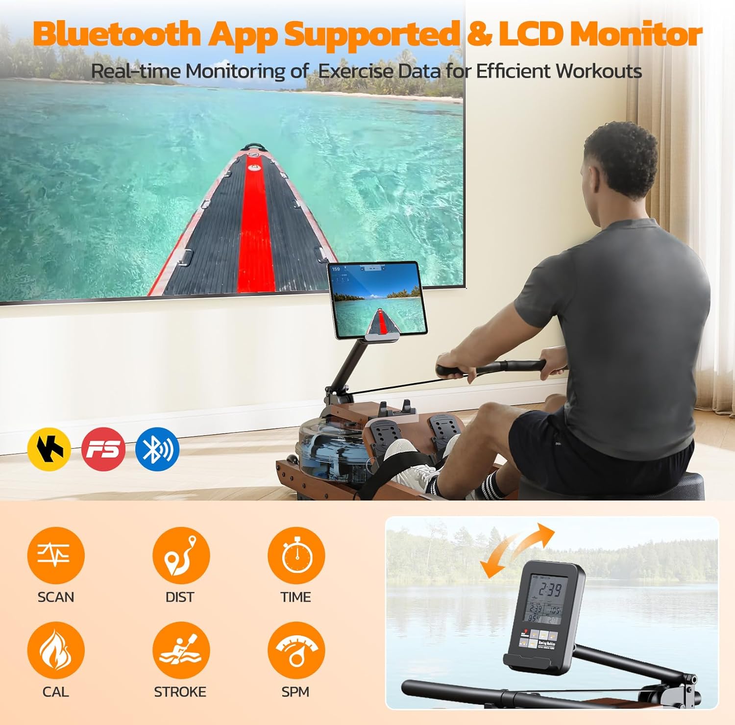 Dripex Rowing Machines for Home Foldable, Water Rowing Machine Max 350 LBS, Water Rower with Smooth Slide Rail, Comfortable Seat, Bluetooth App Supported, LCD Monitor, Wooden Row Machine for Home Gym - Image 7