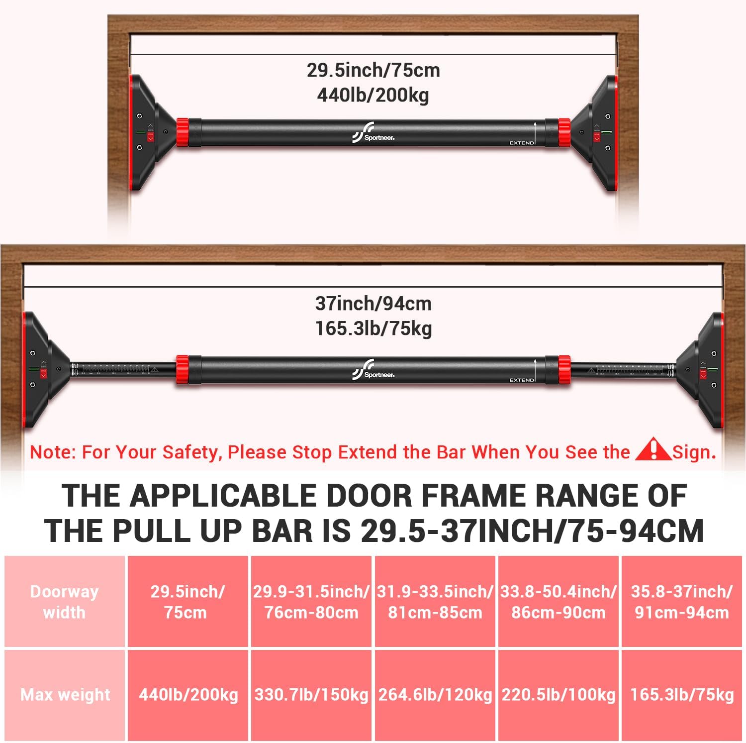 Pull Up Bar for Doorway: Sportneer Strength Training Pull-up Bars without Screw - Adjustable Width Locking Mechanism Chin Up Bar, Thickened Steel Max Limit 440 lbs Upper Body Fitness Pullup Bars for Home (Black-Red) - Image 3