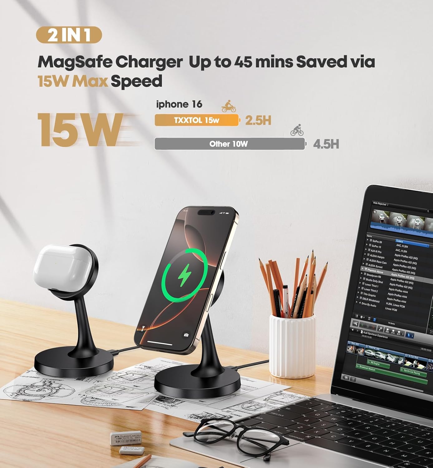 Magnetic Wireless Charger iPhone Stand 15W Fast Mag-Safe Charger for iPhone 16/16 Pro/16 Plus/16 Pro Max/15/14/13/12 Series Apple Magnet Wireless Charging Station/Pad for AirPods - Image 2