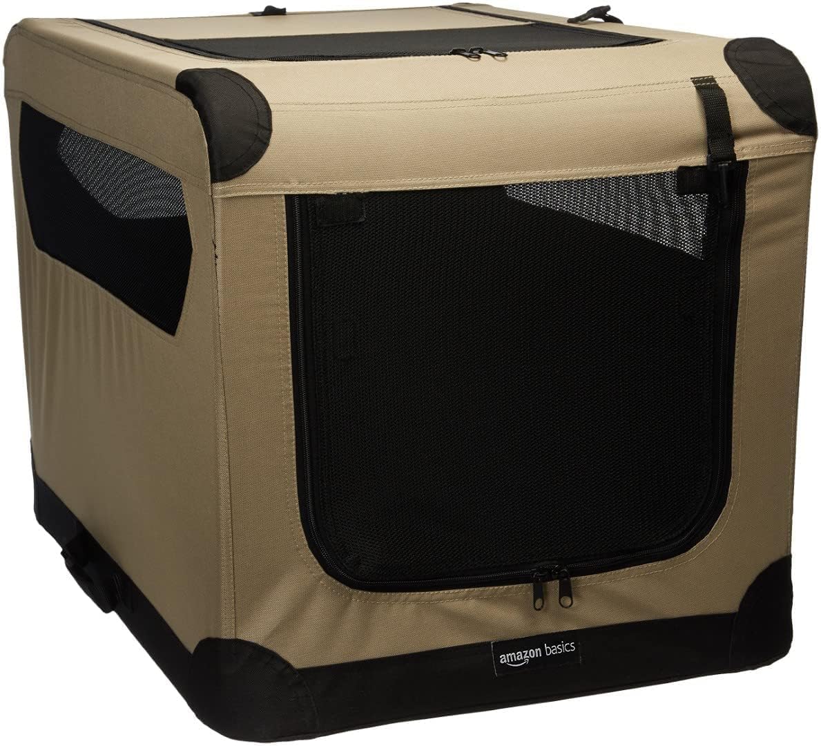Amazon Basics 2-Door Portable Soft-Sided Folding Soft Dog Travel Crate Kennel, Medium (M 30" x 21" x 21"), Tan - Image 2