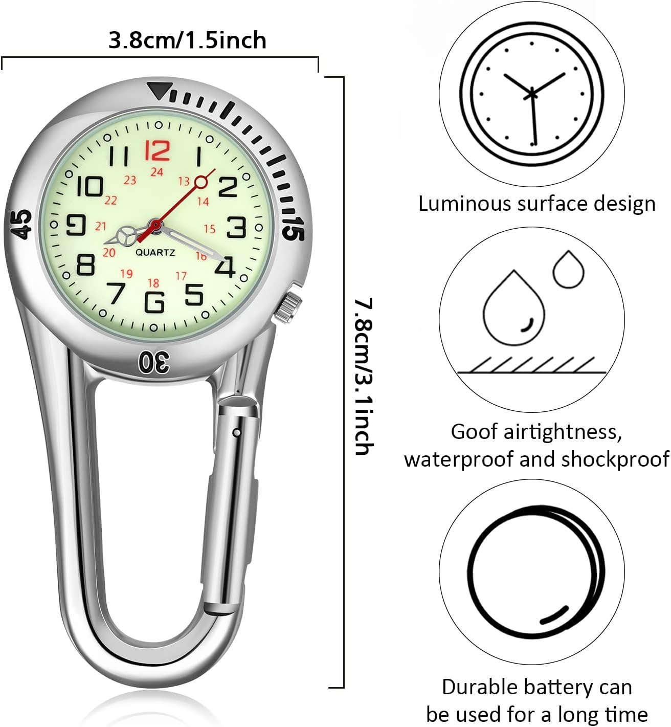 Hicarer 2 Pieces Clip on Quartz Watch Backpack Fob Belt Glow in The Dark Unisex Pocket Watch with White Dial for Doctors Nurses Outdoor Activities - Image 4