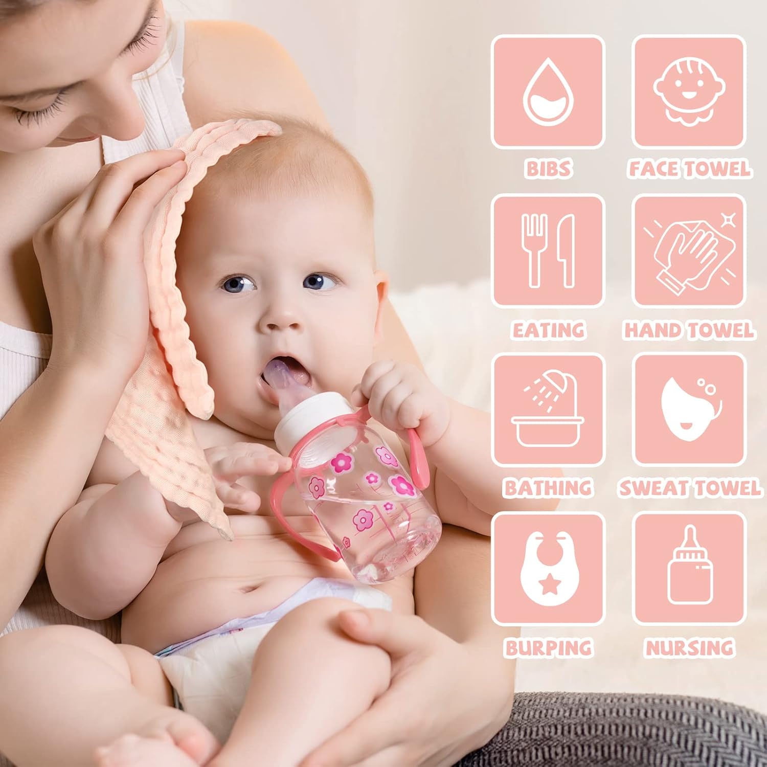 MUKIN Baby Washcloths and Burp Cloths, Soft Absorbent Towels for Newborns, 6 Pack, 12x12 Inches (Pink) - Image 6