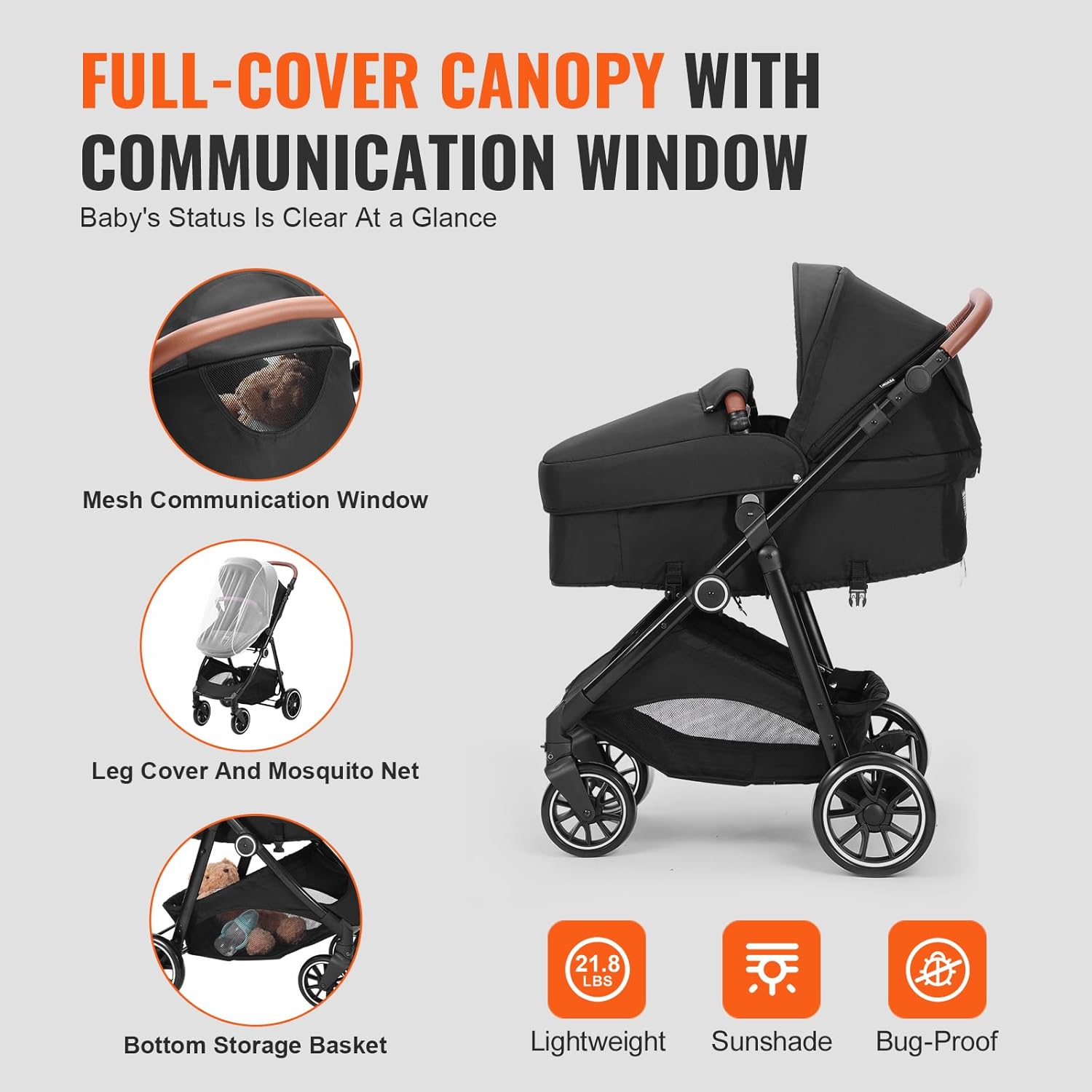 VEVOR Standard Baby Stroller, Infant Toddler Stroller with Bassinet, 3rd-Gear Adjustable Backrest & Foldable & Reversible Seat, Carbon Steel Newborn Stroller with Leg Cover and Mesh Net, Black - Image 7