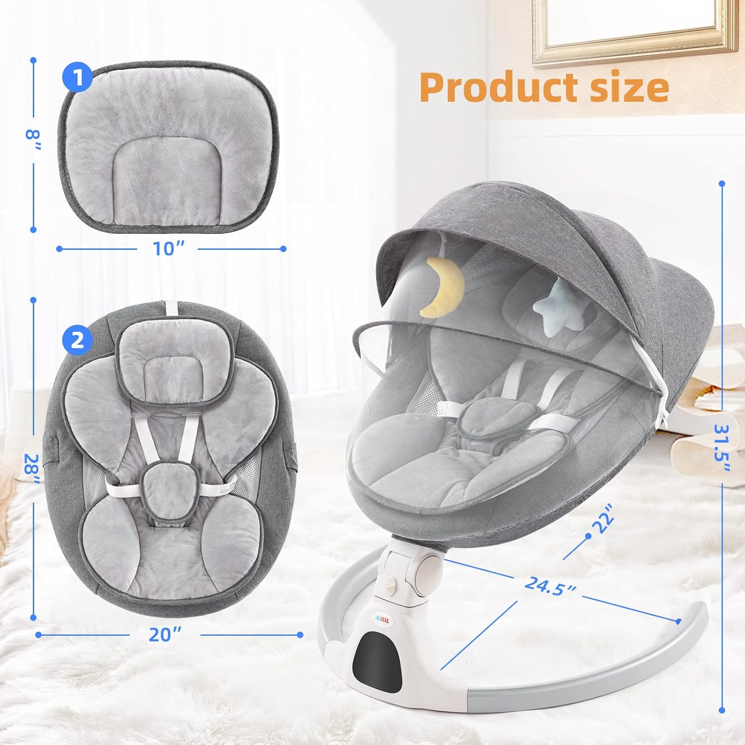 Jaoul Baby Swing for Infants - Electric Portable Newborn Bouncer With Bluetooth Touch Screen/Remote Control, Timing Function, 5 Speeds, 3 Seat Positions for Boys and Girls (Gray) - Image 7