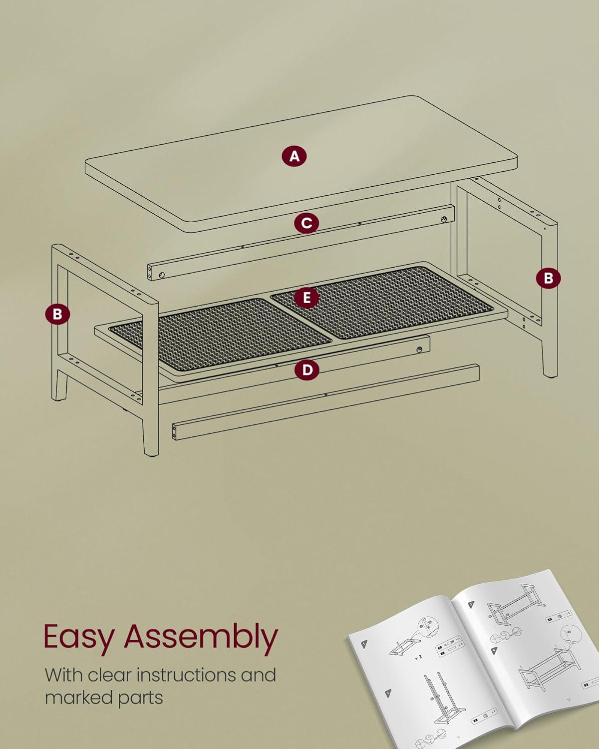 VASAGLE 2-Tier Coffee Table for Living Room, Living Room Table Rectangular Center Table, with PVC Rattan Storage Shelf, Rounded Corners, Easy Assembly, Boho Style, Ash Black ULCT240B21 - Image 8