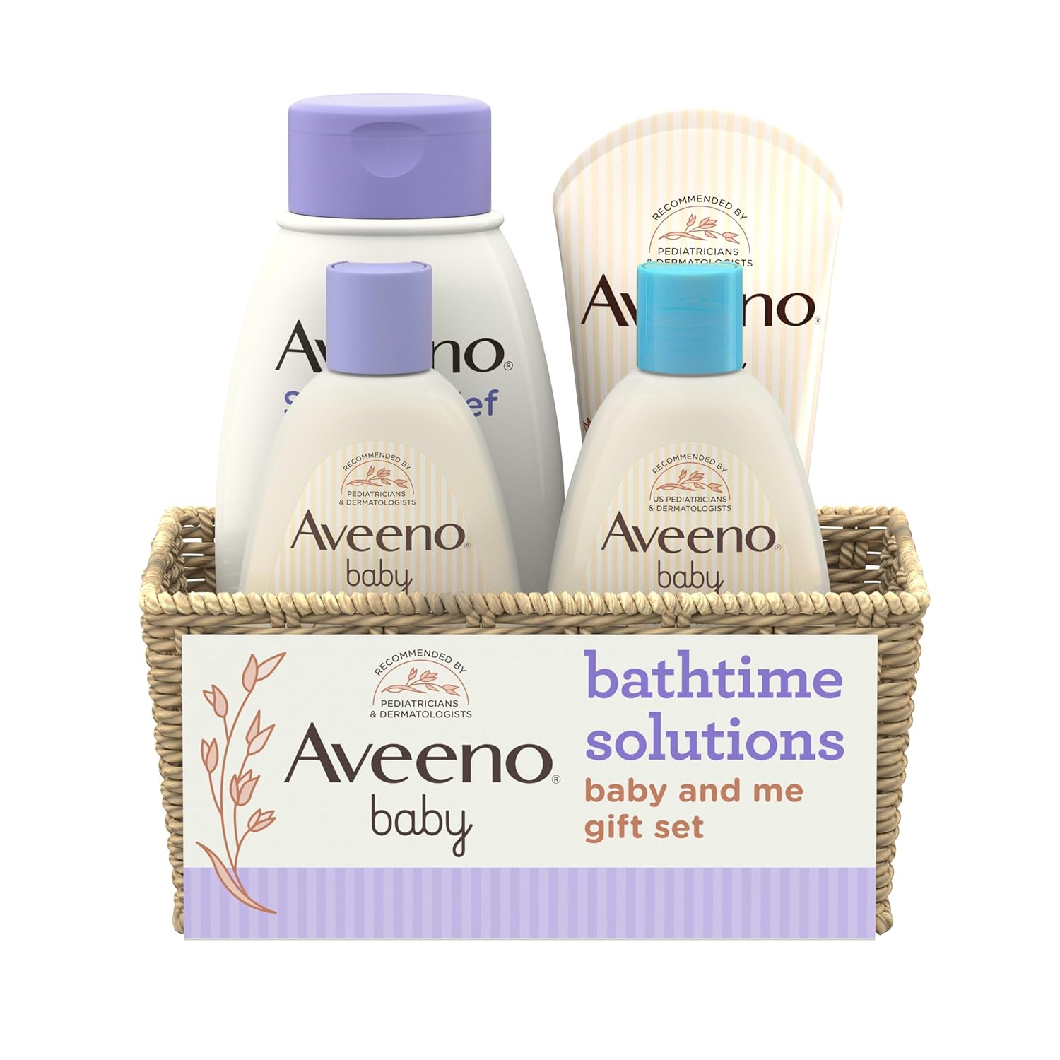 Aveeno Baby Bathtime Solutions Gift Set with Body Wash & Shampoo, Calming Bath, Daily Moisturizing Lotion & Stress Relief Body Wash for Mom, Oatmeal, 4 Items - Image 2
