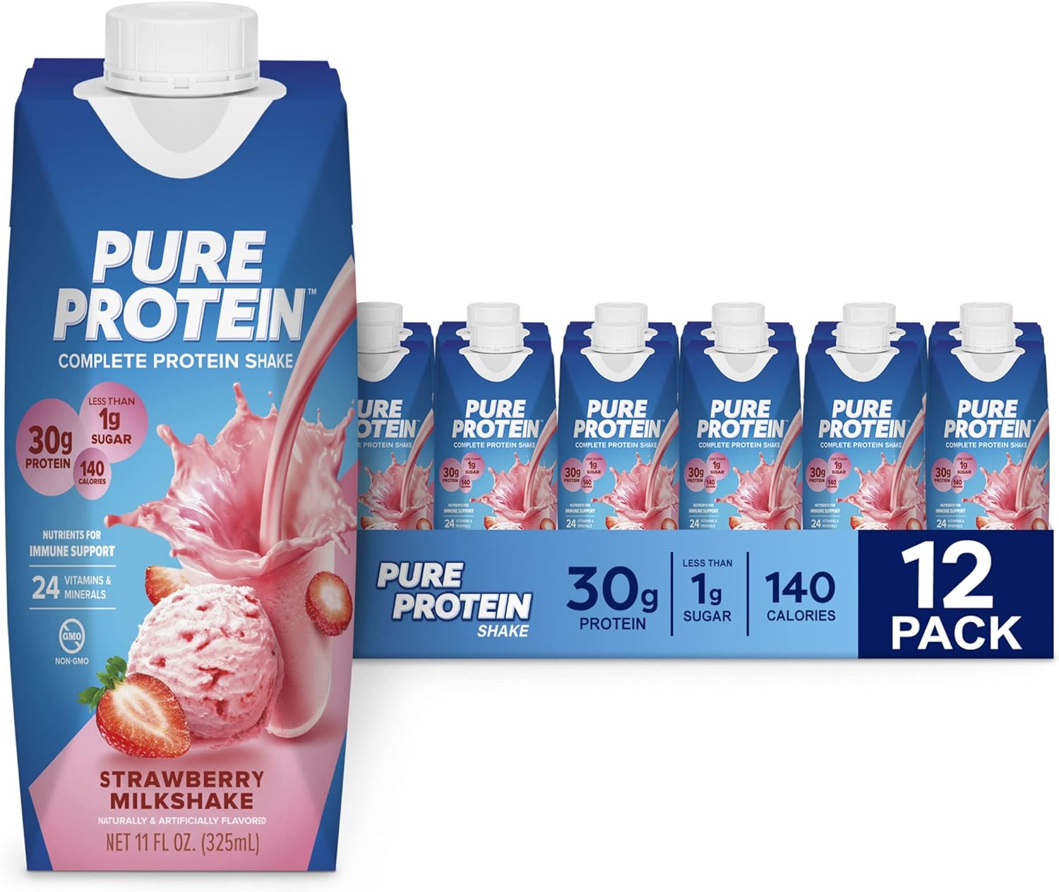 Pure Protein Strawberry Protein Shake, 30g Complete Protein, Ready to Drink and Keto-Friendly, Vitamins A, C, D, and E plus Zinc to Support Immune Health, 11oz Bottles, 12 Pack - Image 2