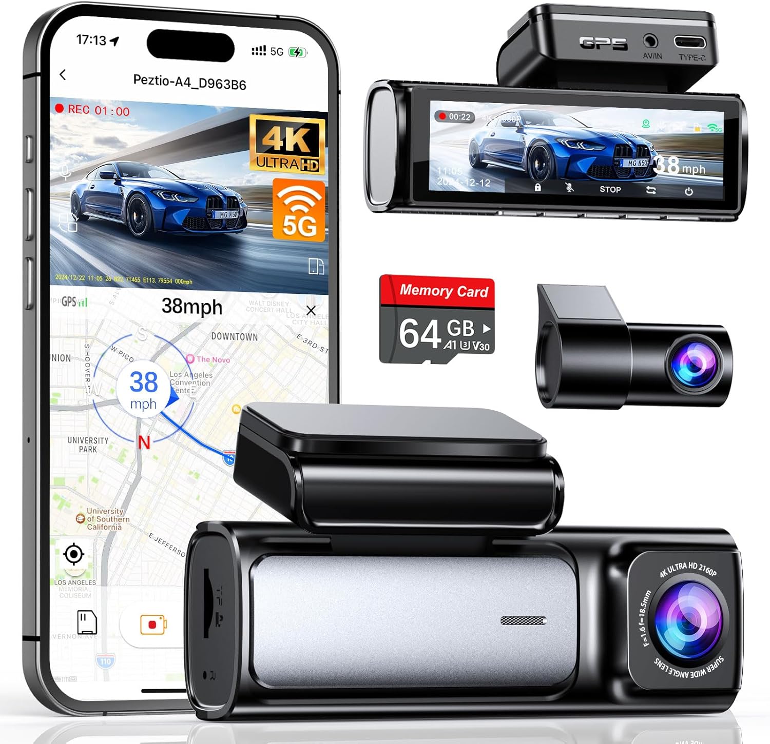 4K Dash Cam Front and Rear, Built-in 5G WiFi GPS, 64GB Card Included, 3.59'' IPS Screen Dash Camera for Cars, Dual Dashcam with G-Sensor, Loop Recording, WDR, Night Vision, 24H Parking Monitor - Image 2