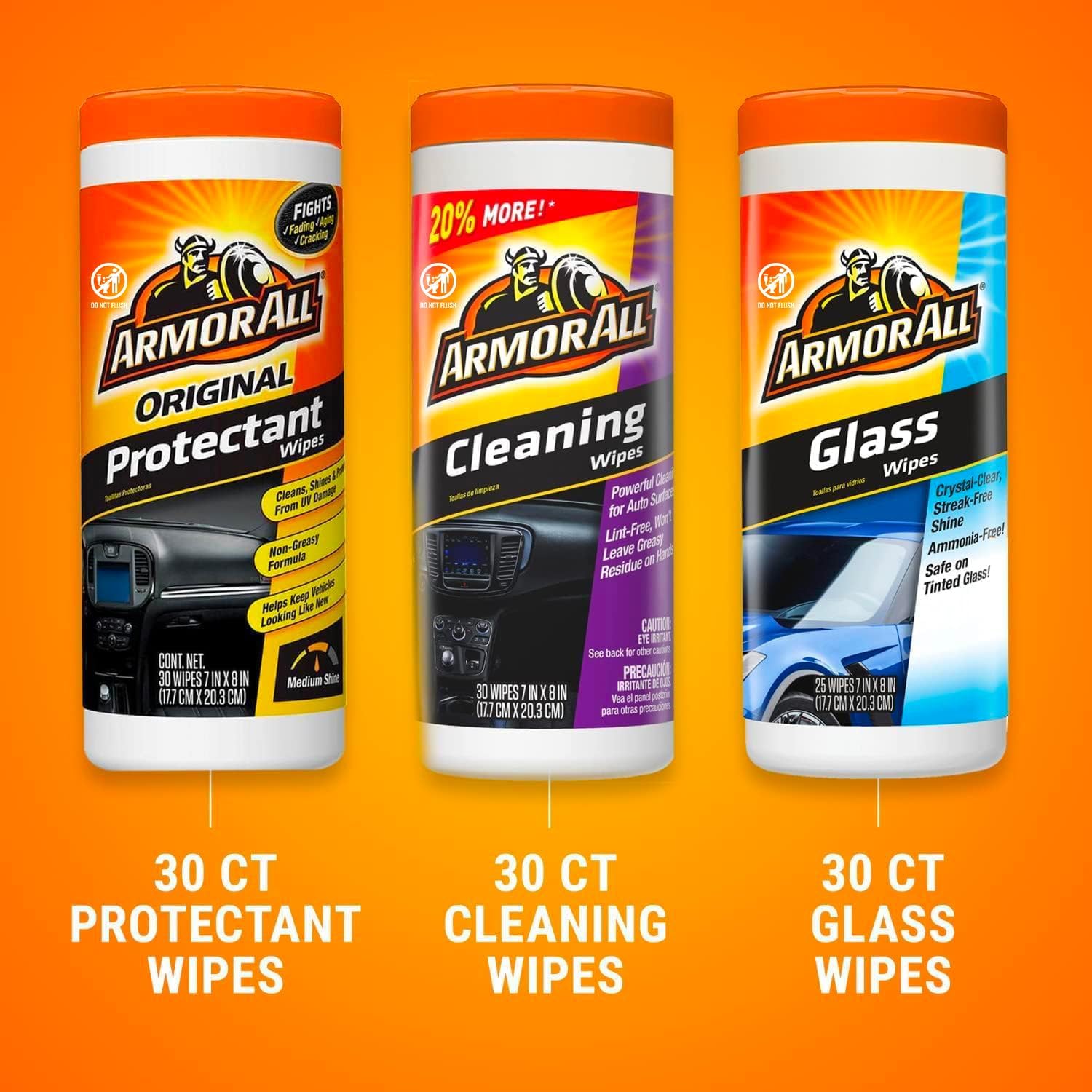 Armor All Protectant, Glass and Cleaning Wipes, Wipes for Car Interior and Car Exterior, 30 Count Each (Pack of 3) - Image 3