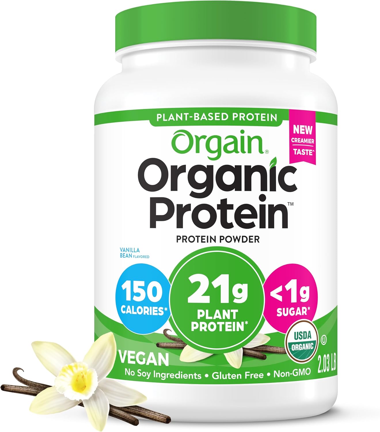 Orgain Organic Vegan Protein Powder, Vanilla Bean - 21g Plant Protein, 6g Prebiotic Fiber, No Lactose Ingredients, No Added Sugar, Non-GMO, For Shakes & Smoothies, 2.03 lb (Packaging May Vary) - Image 2