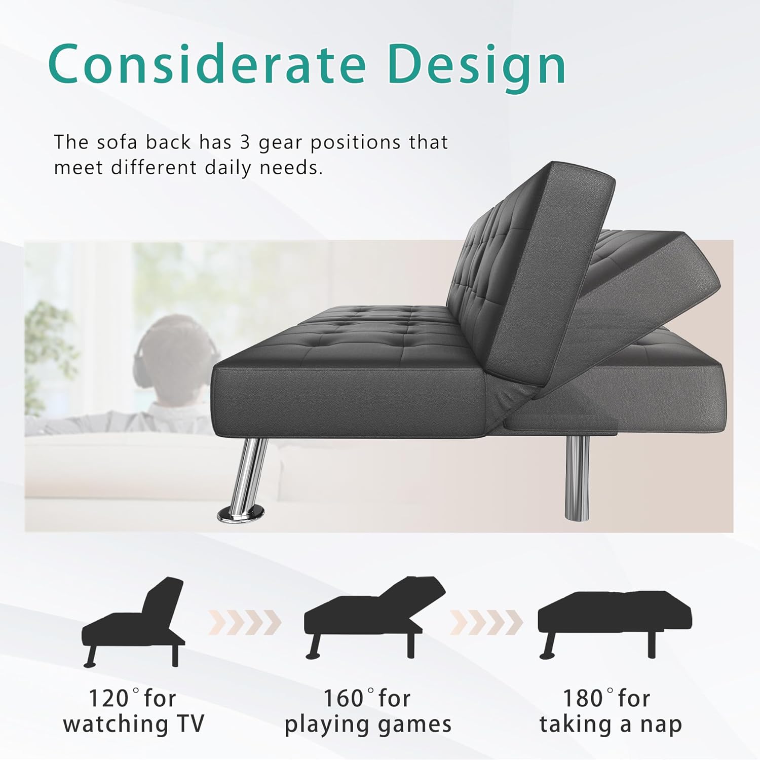 Flamaker Futon Sofa Bed Modern Folding Futon Set Convertible Recliner Lounge for Living Room with 2 Cup Holders, Removable Armrests (PU Leather, Black) - Image 7