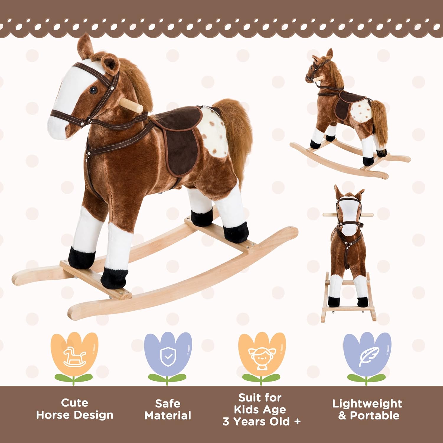 Qaba Kids Rocking Horse Plush Ride On Toy Toddler Rocker for Boys Girls Gifts with Realistic Sounds, Brown - Image 5