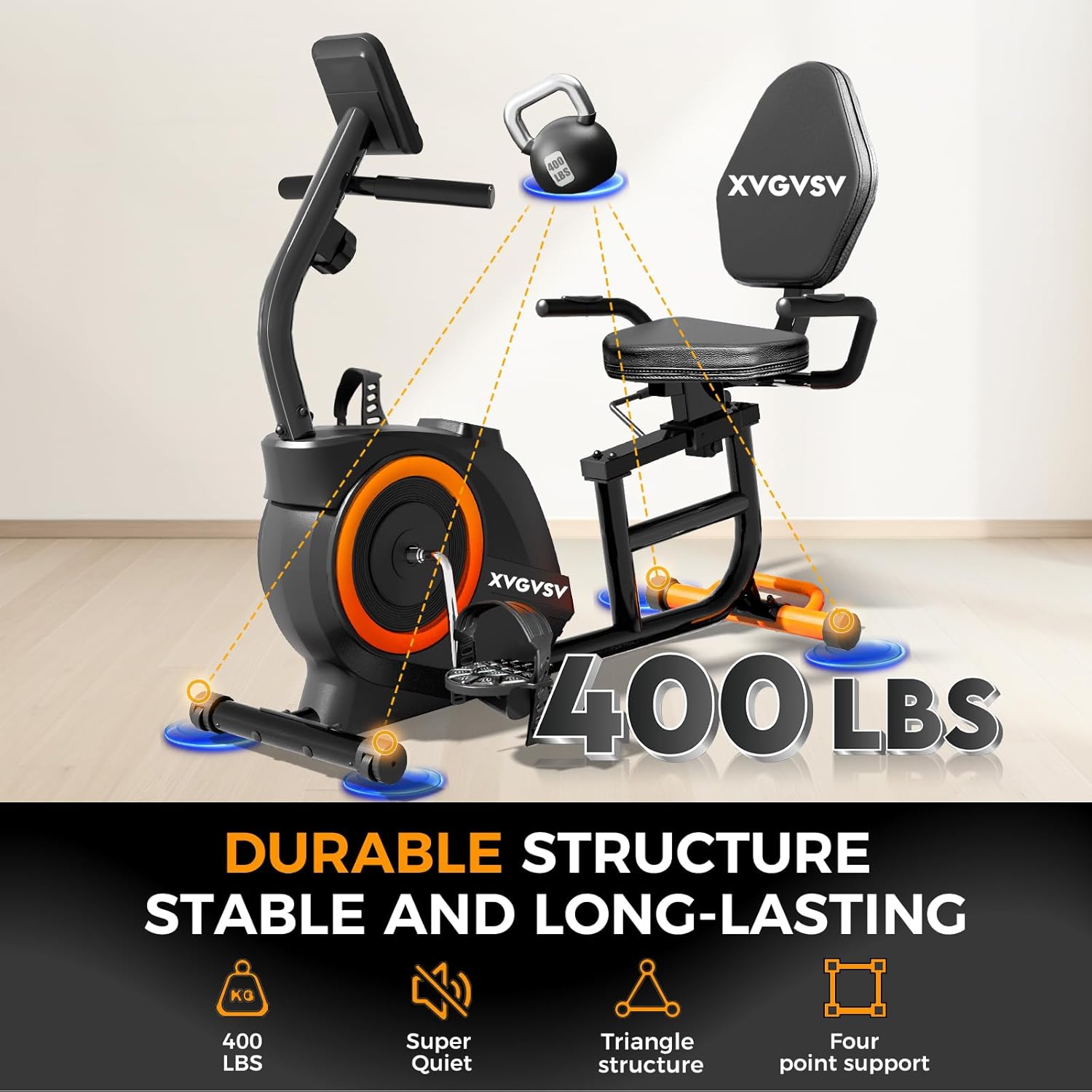 Recumbent Exercise Bike, Recumbent Stationary Bike for Home, Recumbent Bike with 400LB Weight Capacity Whisper-Quiet 16 Levels Magnetic Resistance Heart Rate Handle and Multi-Function LCD Comfortable Seat - Image 4