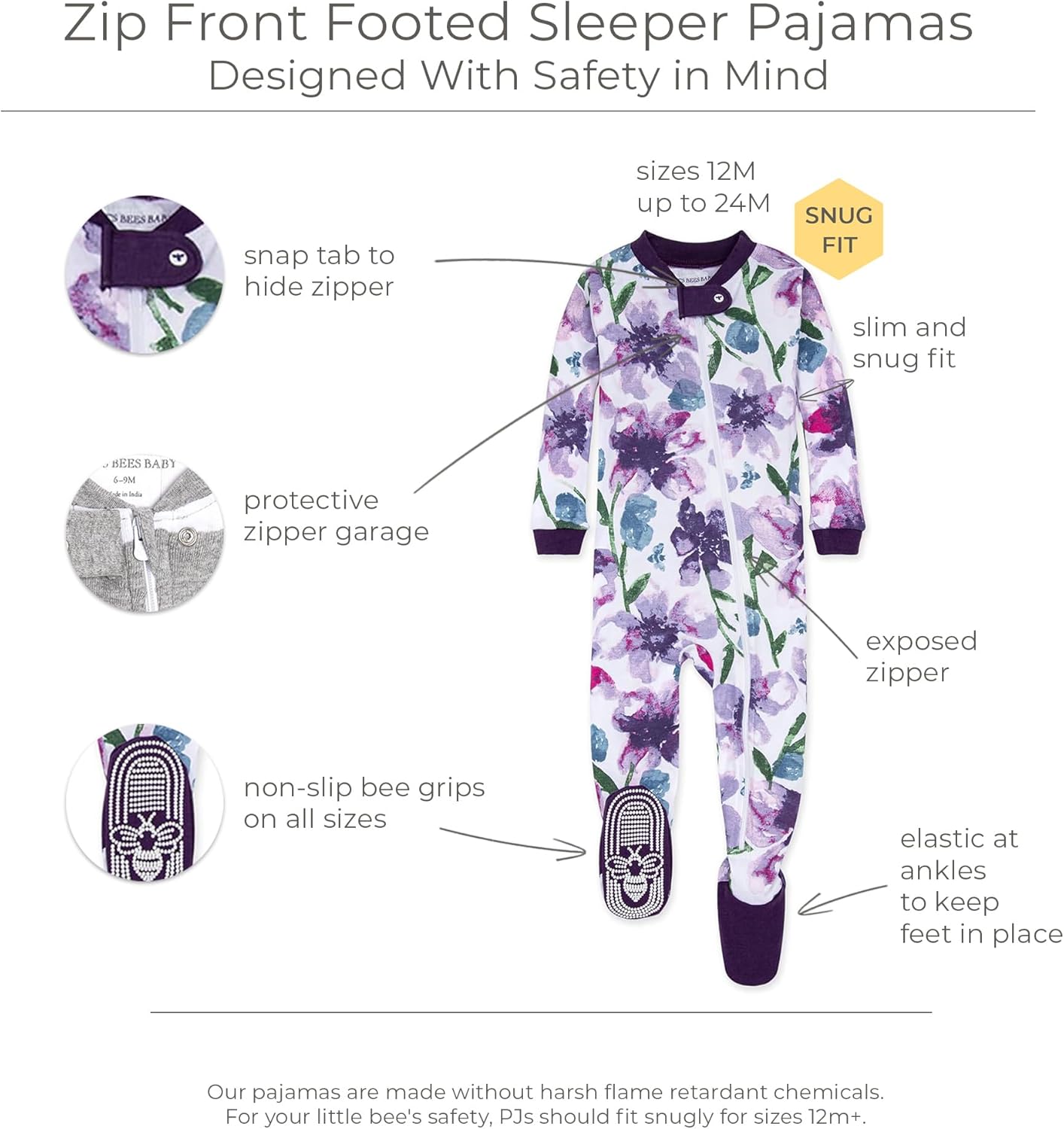 Burt's Bees Baby Baby Girls' Organic Cotton Zip-Front Non-Slip Footed Sleeper Pajamas - Image 3