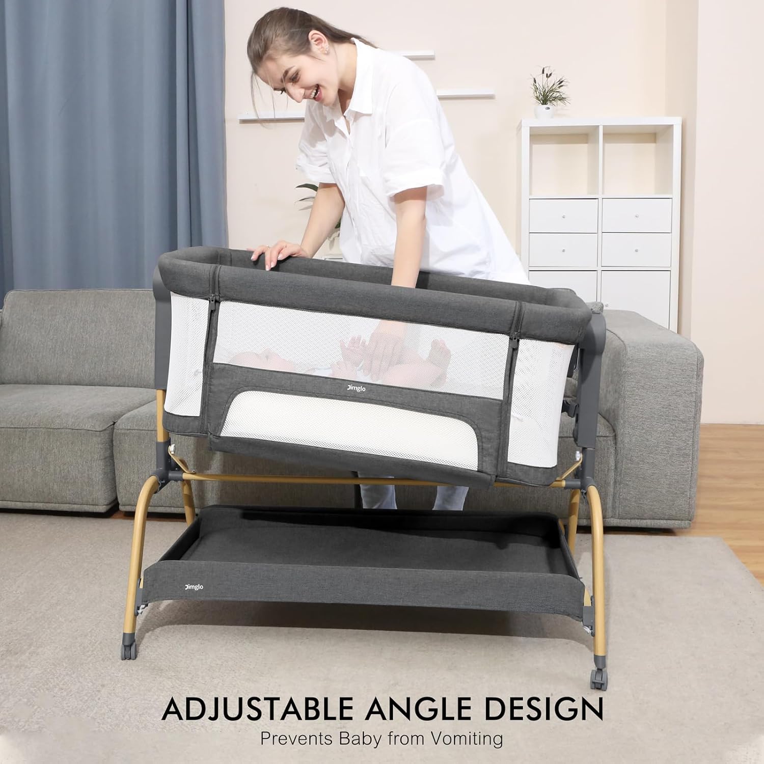 3 in 1 Baby Bassinet, Bedside Bassinet for Baby, Rocking Bassinet with Comfy Mattress and Wheels, 6 Height Adjustable Easy Folding Portable Bedside Crib for Newborn - Image 4