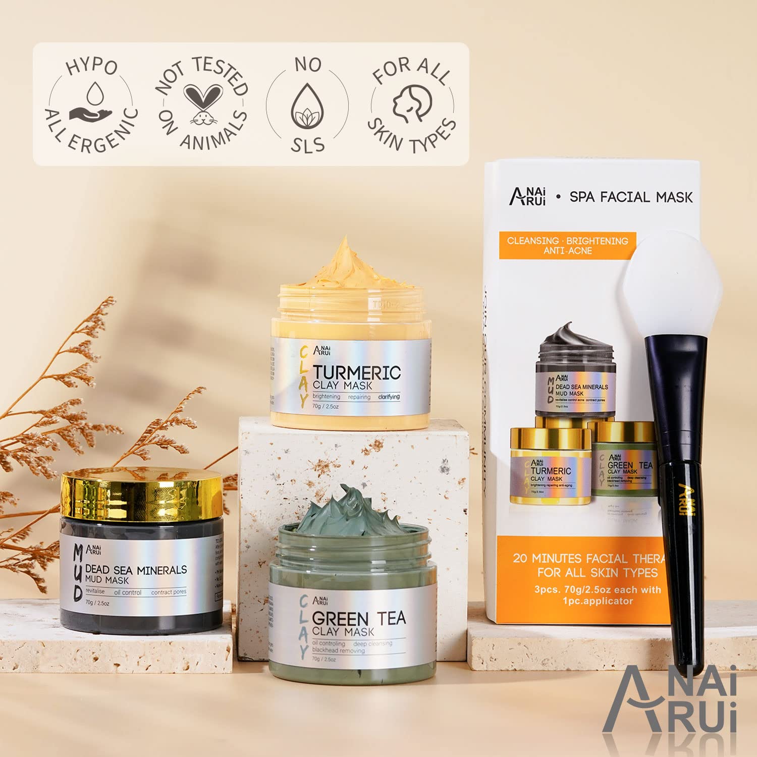 ANAI RUI Turmeric Clay Mask - Green Tea Clay Mask - Dead Sea Minerals Mud Mask, Spa Facial Mask Set, Face Mask Gift Set 2.5 oz each - Image 9
