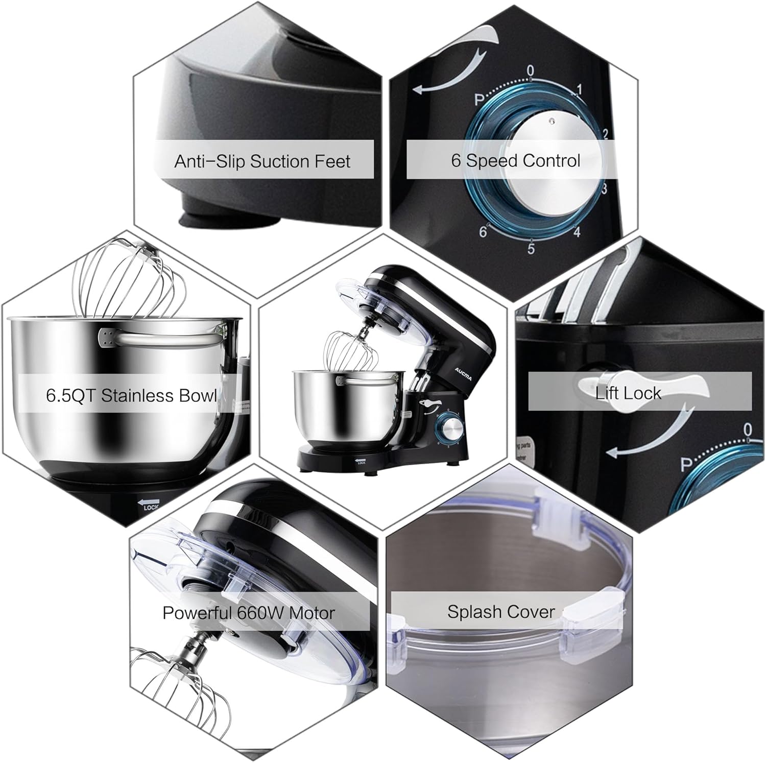 Aucma Stand Mixer,6.5-QT 660W 6-Speed Tilt-Head Food Mixer, Kitchen Electric Mixer with Dough Hook, Wire Whip & Beater (6.5QT, Black) - Image 4