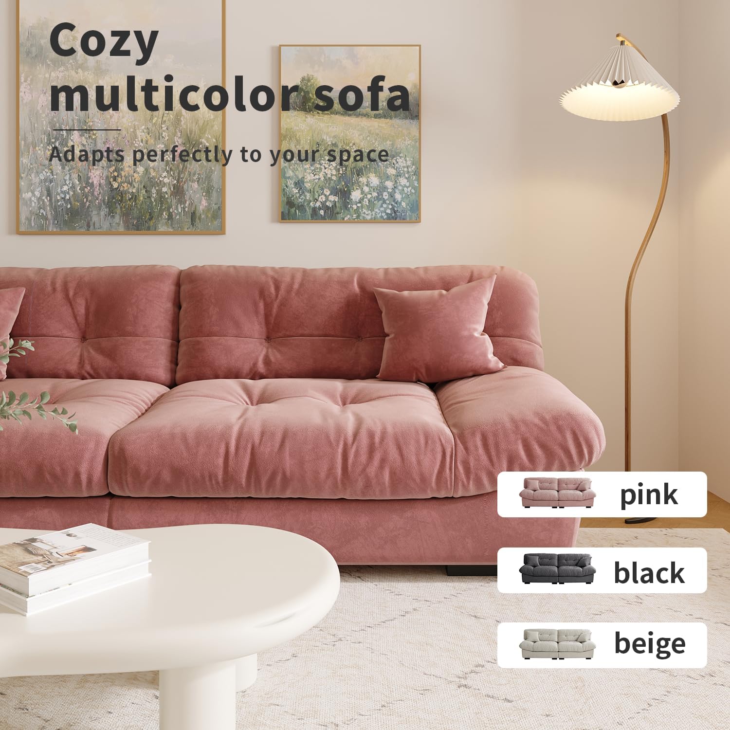 Cloud Modular Sectional Sofa,Scrub Velvet Minimalist Sofa Couch for Living Room, Curved Couch,Modern LoveSofa with 2 Pillows 3 Seater for Apartment Office Studio, Deep Seat Couches (Pink, 89inch) - Image 6
